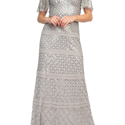Aidan Mattox V-Neck Short Sleeve Beaded Sequined Piping Detail Zipper Back Mesh Dress by Curated Brands