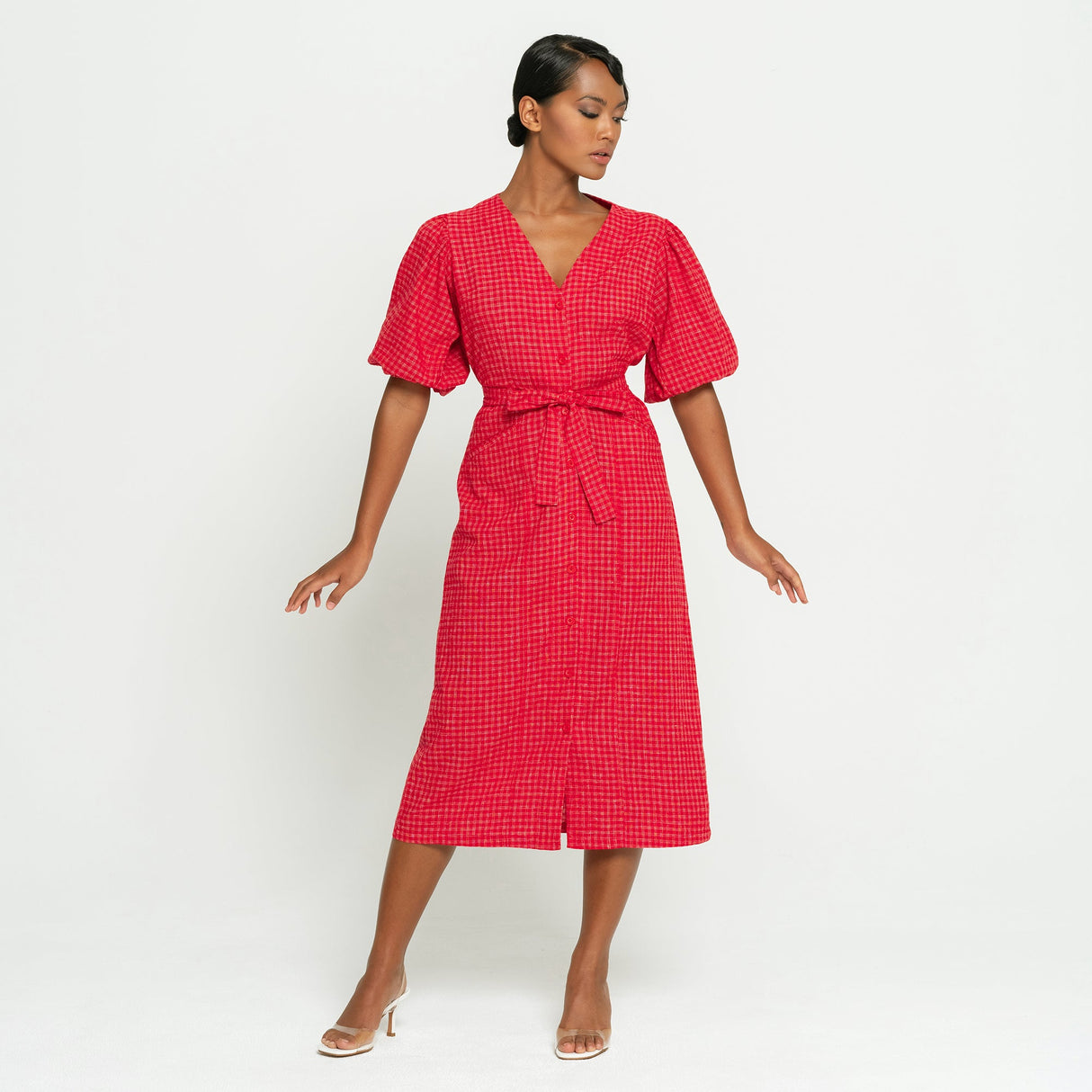 MEGHAN Gingham Hemp Midi Dress, in Scarlet red by BrunnaCo