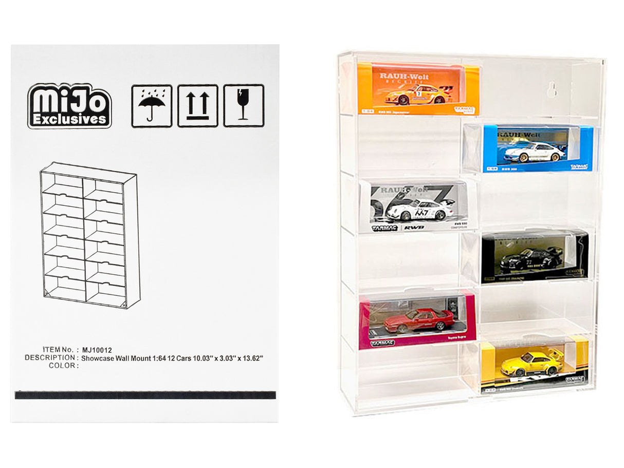 Showcase 12 Car Display Case Wall Mount with Clear Back Panel and Extra Space "Mijo Exclusives" for 1/64 Scale Models