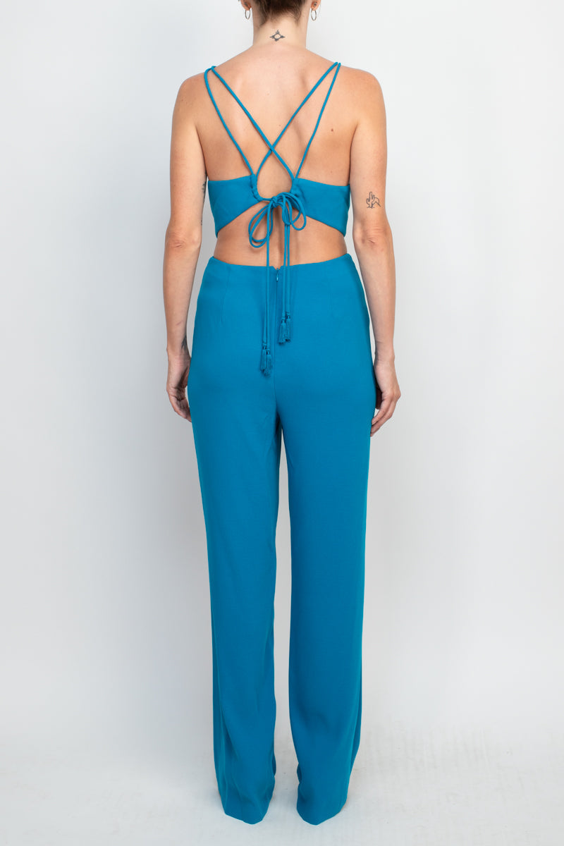 Aidan by Aidan Mattox Spaghetti Strap Cutout Tie Back Solid Crepe Jumpsuit by Curated Brands