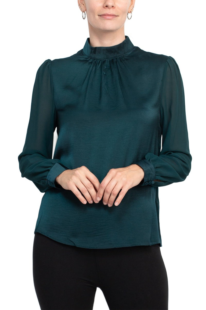 Zac & Rachel high neck ruched chiffon long sleeve keyhole back satin bodice top by Curated Brands