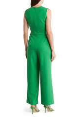 Nicole Miller round neck sleeveless zipper closure twist front solid stretch crepe jumpsuit with open sides by the waist by Curated Brands