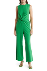 Nicole Miller round neck sleeveless zipper closure twist front solid stretch crepe jumpsuit with open sides by the waist by Curated Brands