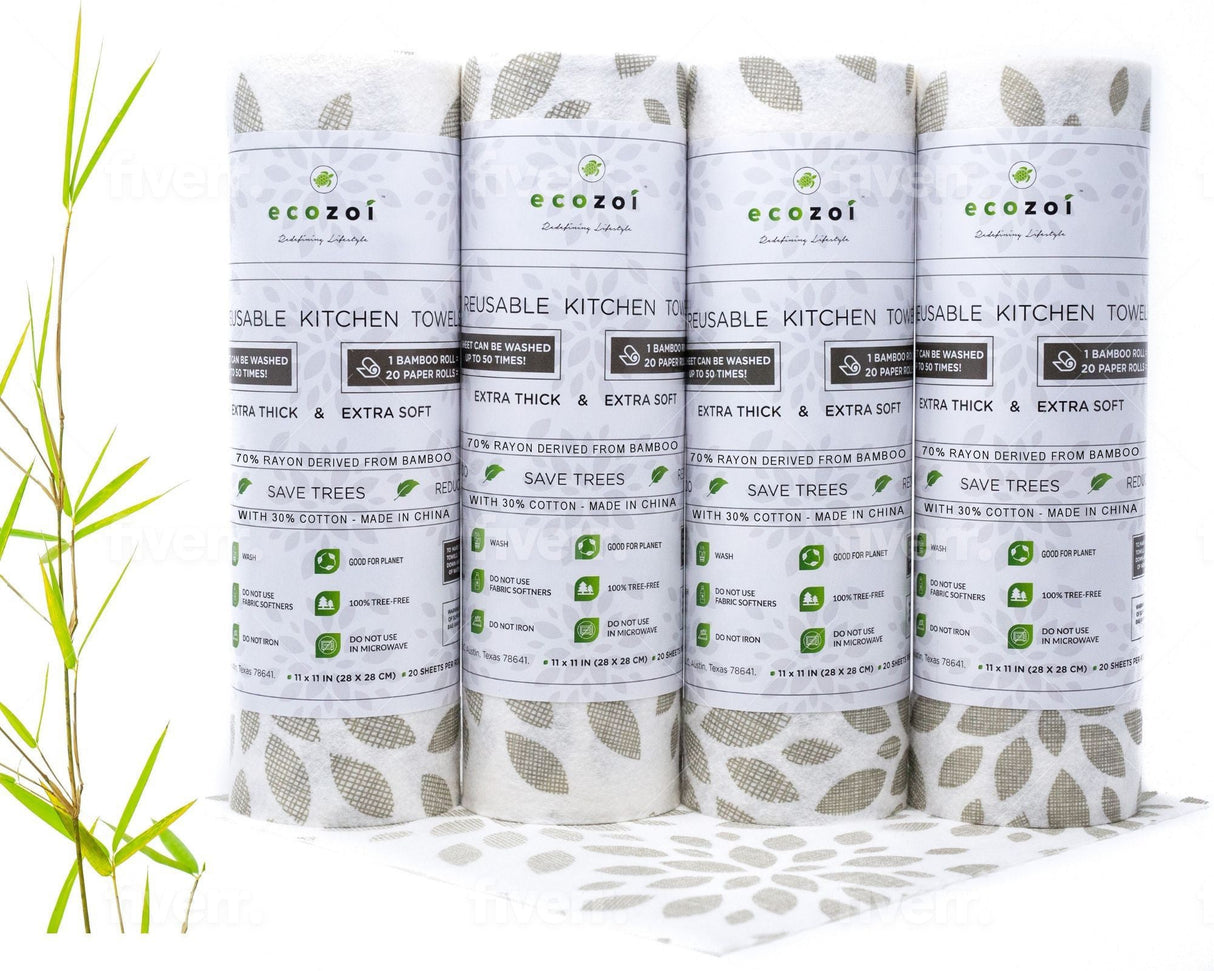 Bamboo Kitchen Paper Towels, Reusable Tree-Free Rolls with Design, 4 Pack by ecozoi