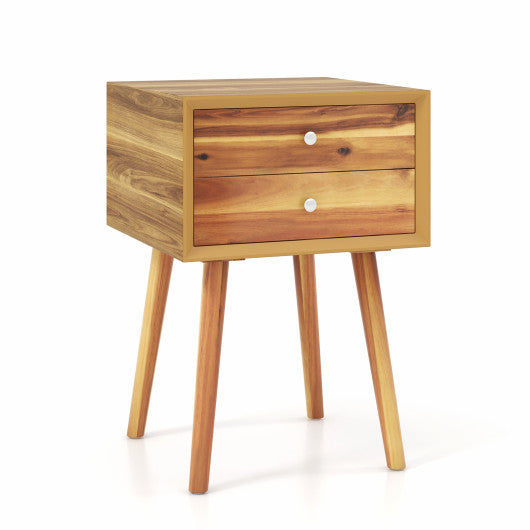 Wooden Nightstand Mid-Century End Side Table with 2 Storage Drawers-Natural