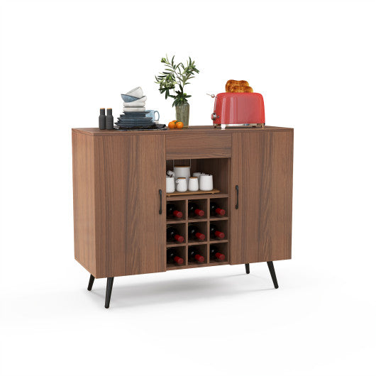 Mid-century Modern Buffet Sideboard Server Cabinet with 9-Bottle Wine Rack-Walnut