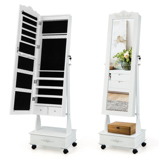 Rolling Floor Standing Mirrored Jewelry Armoire with Lock and Drawers-White