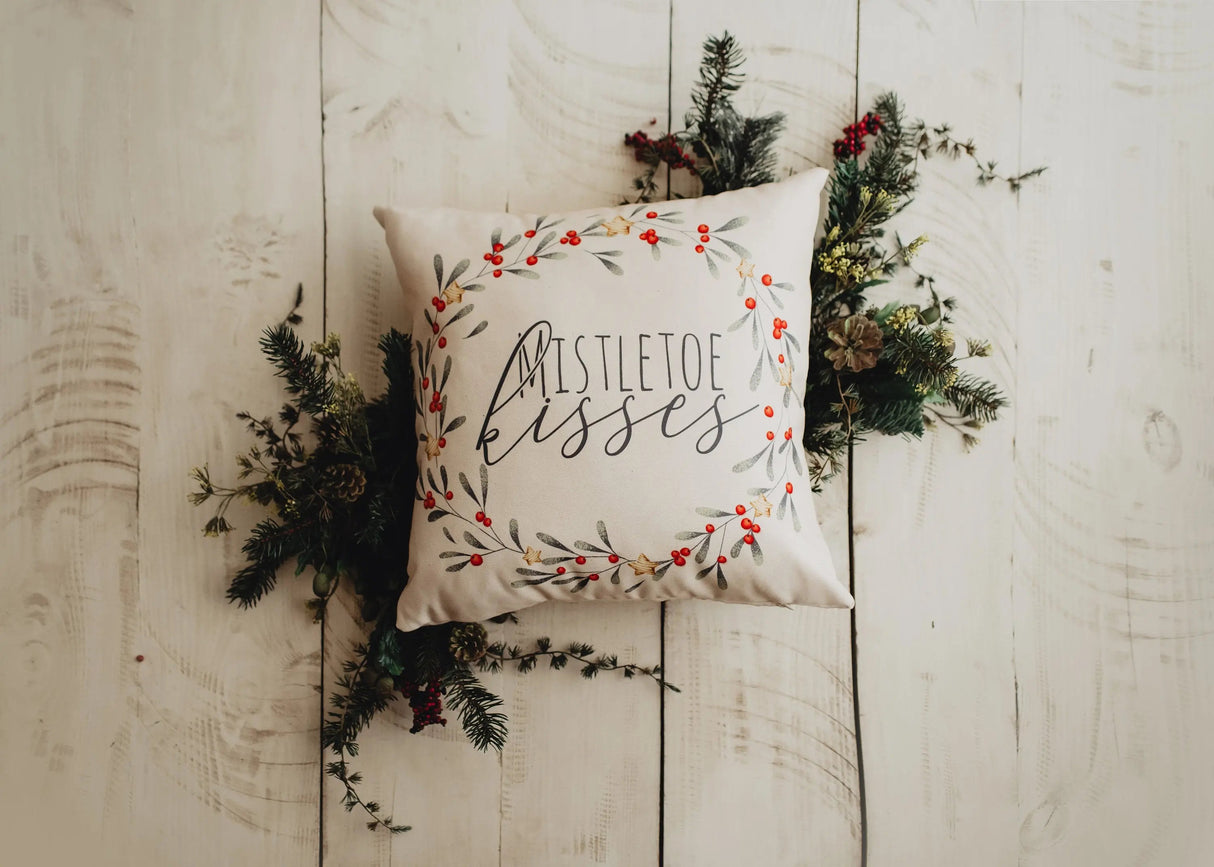 Mistletoe Kisses Wreath | Throw Pillow Cover | Best Friend Christmas Gift | Rustic Farmhouse Decor | Farmhouse Decor | Decorative Pillows for Couch by UniikPillows