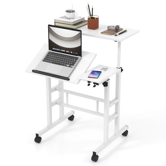 Mobile Stand-up Computer Desk Adjustable with 2 Tilting Desktops-White