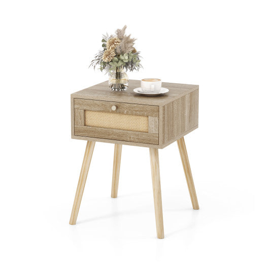 Modern Rattan Nightstand with Drawer and Solid Wood Legs for Bedroom and Living Room-Natural