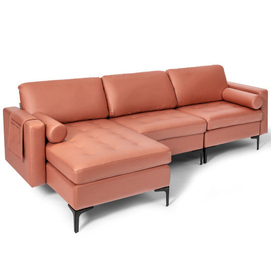 L-shaped Sectional Sofa with Reversible Chaise and 2 USB Ports-Pink