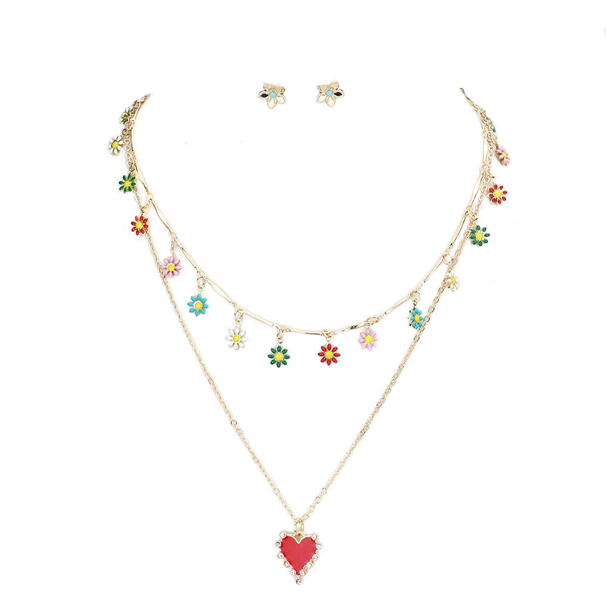 Enamel Flower Station Rhinestone Trim Heart Pendant Necklace by Madeline Love