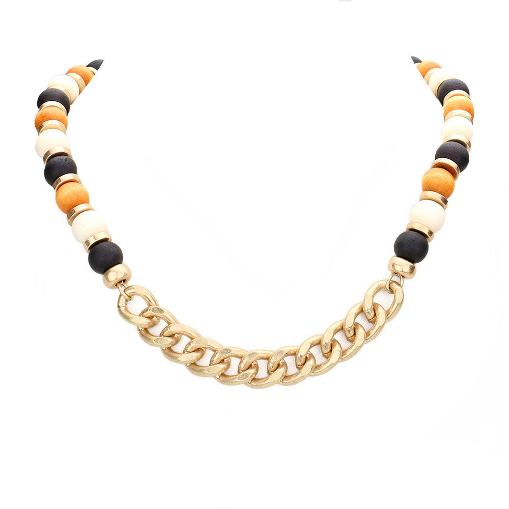 Metal Chain Link Accented Wood Necklace by Madeline Love