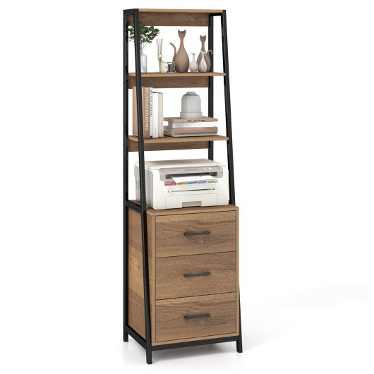 Multifunctional Tall Bookcase with Open Shelves and Storage Drawers-Natural