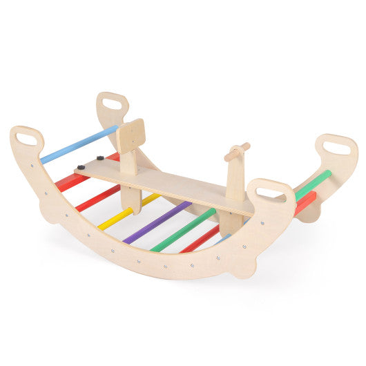 4-in-1 Multifunctional Wooden Climbing Toys with Rocker and Crawling Tunnel-Multicolor