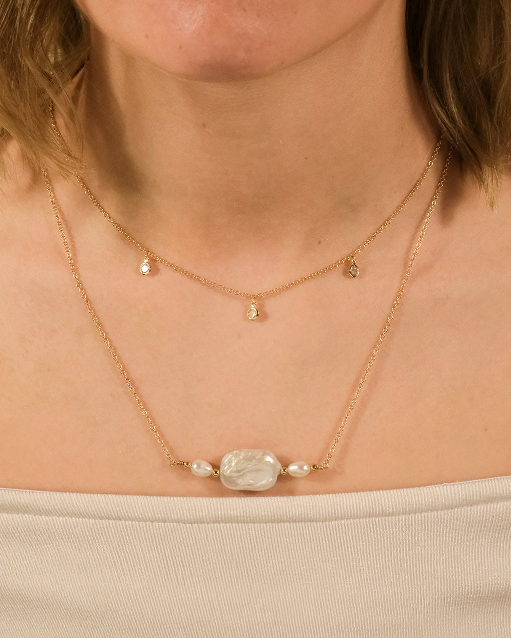 Bezel CZ and Pearl Layered Necklace by Sterling Forever