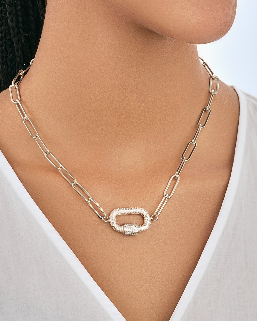 Pave CZ Carabiner Linked Lock Necklace by Sterling Forever