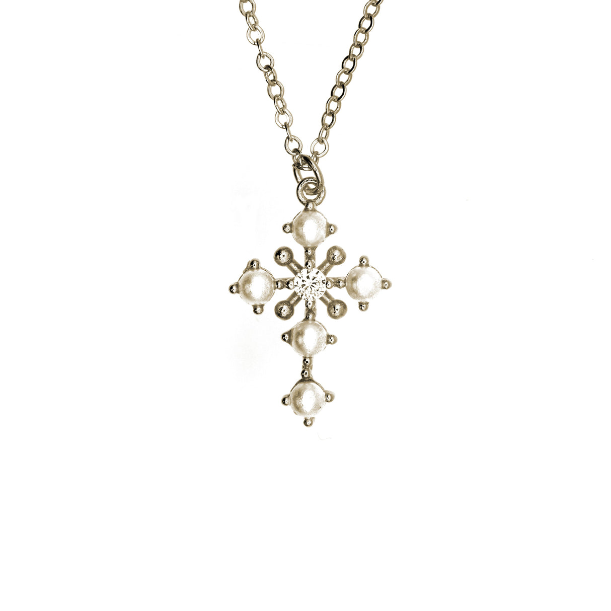 14k Antique Cross Pearl and Diamond Necklace by VicStoneNYC Fine Jewelry