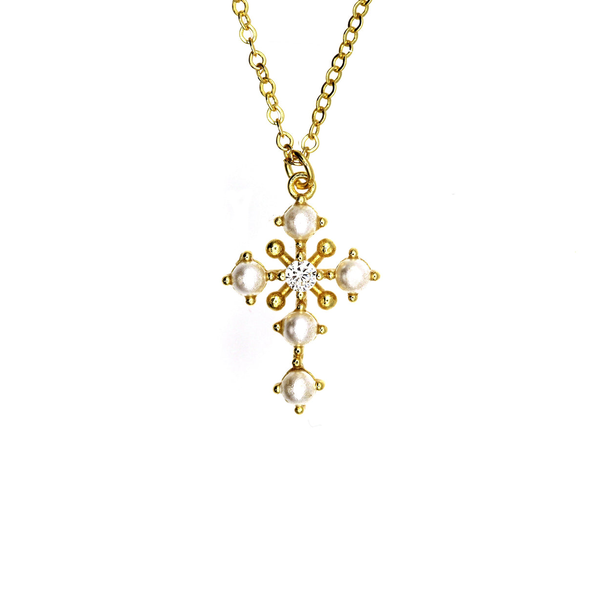 14k Antique Cross Pearl and Diamond Necklace by VicStoneNYC Fine Jewelry