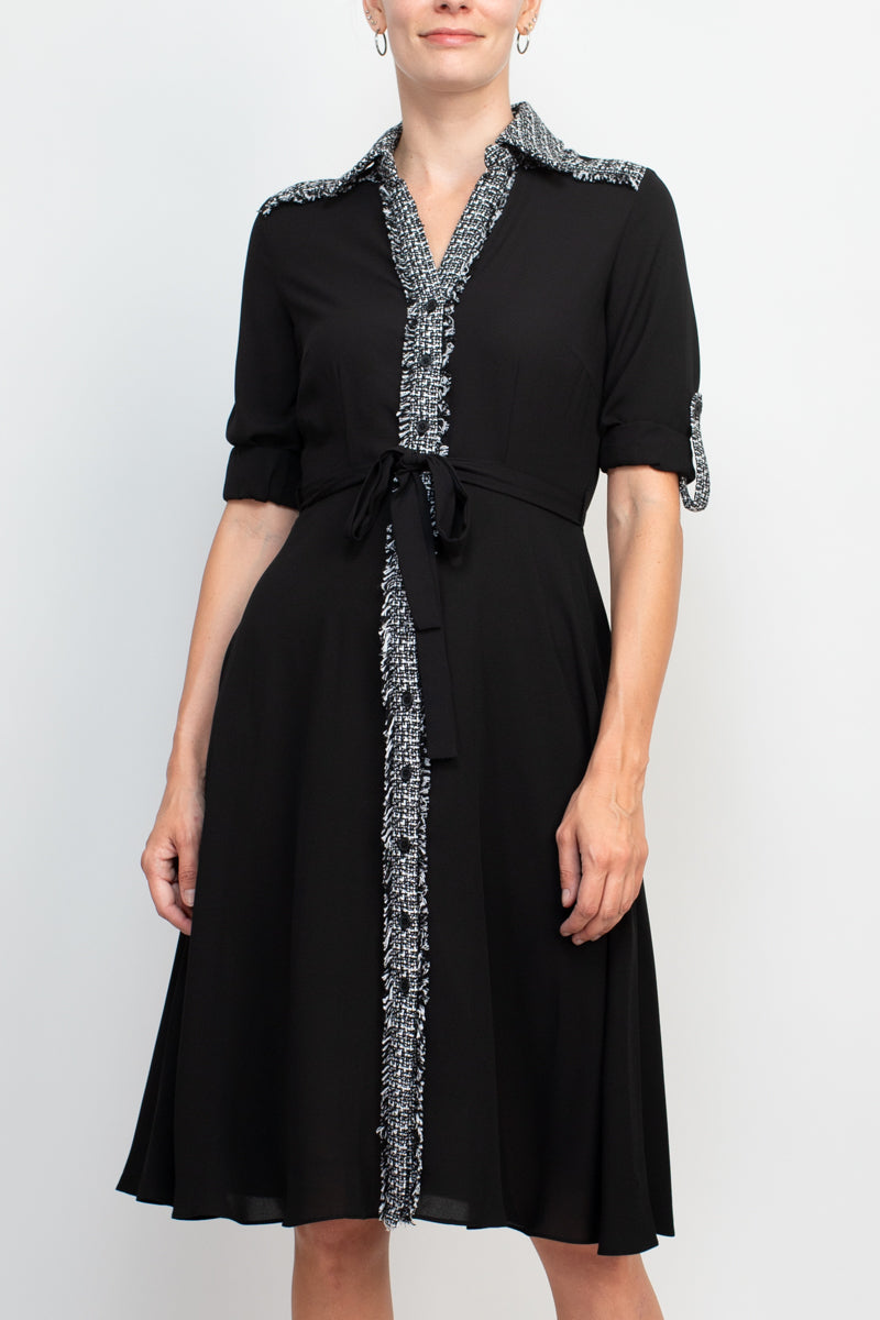 Nanette Lepore collared crochet detail button down folded sleeve tie waist chiffon dress by Curated Brands