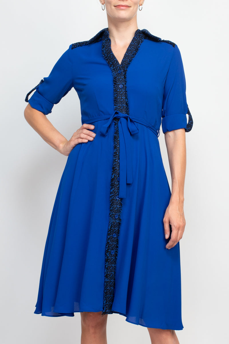 Nanette Lepore collared crochet detail button down folded sleeve tie waist chiffon dress by Curated Brands