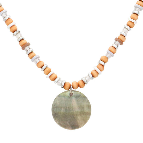 Wood Heishi Beaded Abalone Pendant Necklace by Madeline Love