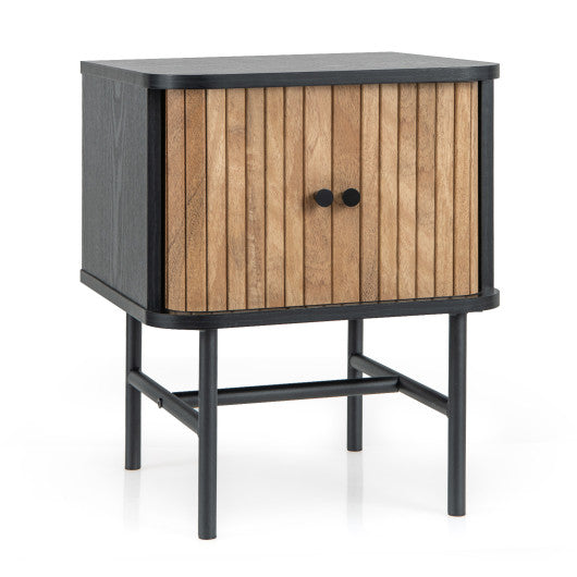 Mid-century Modern Nightstand with Sliding Doors and Storage Cabinet-Black