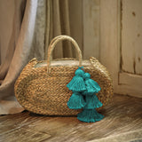 Oval Luna Straw Tote Bag - with Cerulean Blue Tassels by BrunnaCo