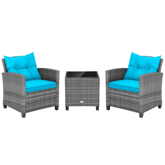 3 Pieces Outdoor Wicker Conversation Set with Tempered Glass Tabletop-Turquoise