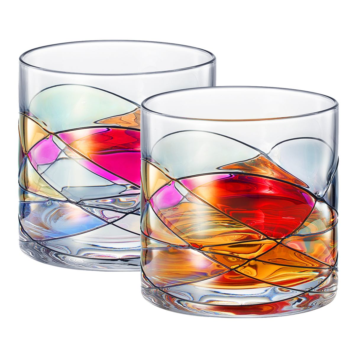 Artisanal Hand Painted Whiskey - Gift for Dad, Friends, Boyfriends, Renaissance Romantic Stain-glassed Windows Cocktail Glasses Set of 2 - Gift Idea for Birthday, Housewarming - 9.6 OZ Glassware by The Wine Savant