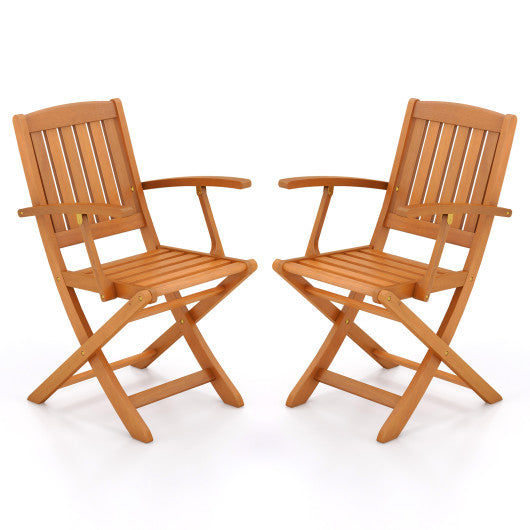 Patio Wood Folding Chair Set of 2 with Armrests and Slatted Seat