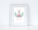 Personalised Pink Wording Floral Bunny Easter Spring Seasonal Wall Home Decor Print by WinsterCreations™ Official Store