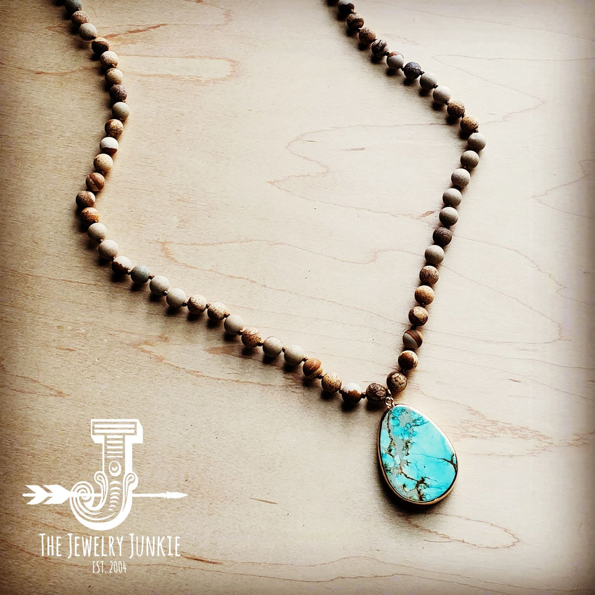 Bohemian Natural JASPER Beaded Necklace with Ocean Agate Pendant 245u by The Jewelry Junkie