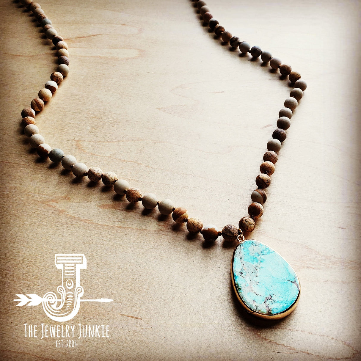 Bohemian Natural JASPER Beaded Necklace with Ocean Agate Pendant 245u by The Jewelry Junkie