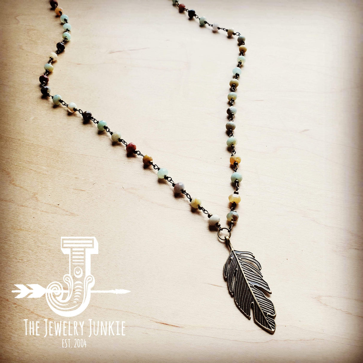 Amazonite Beaded Necklace with Antique Gold Feather 251x by The Jewelry Junkie