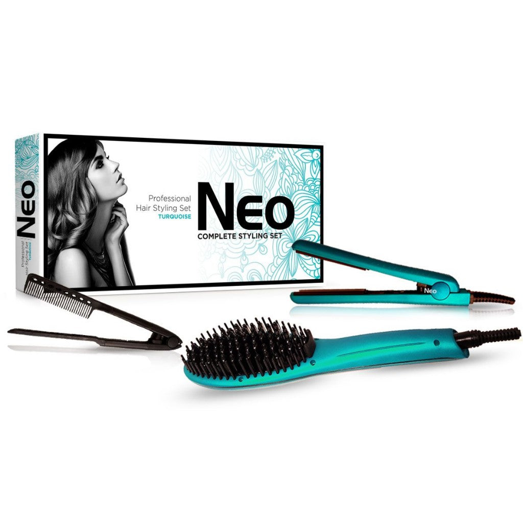 The Heated Brush Set - Heated Straightening Brush w/ 0.5" Mini Flat Iron & EZ Comb - Turquoise