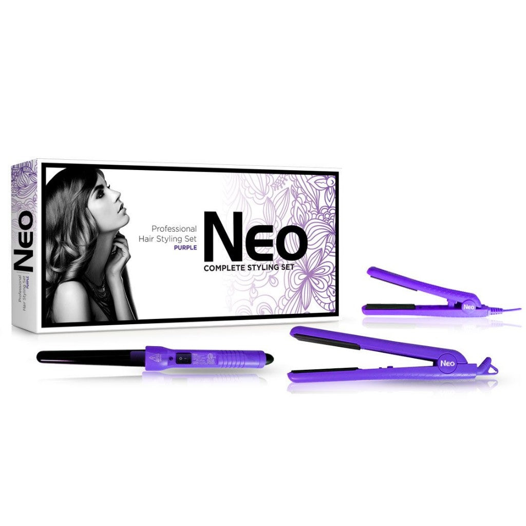 The Full Set - 1.25" Ceramic Flat Iron w/ 0.5" Mini Flat Iron & 25-18mm Ceramic Curling Wand - Metallic Purple