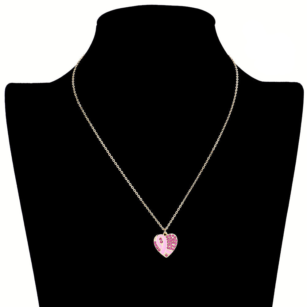 Enamel Pink Ribbon Rhinestone Heart Pendant Necklace by Madeline Love