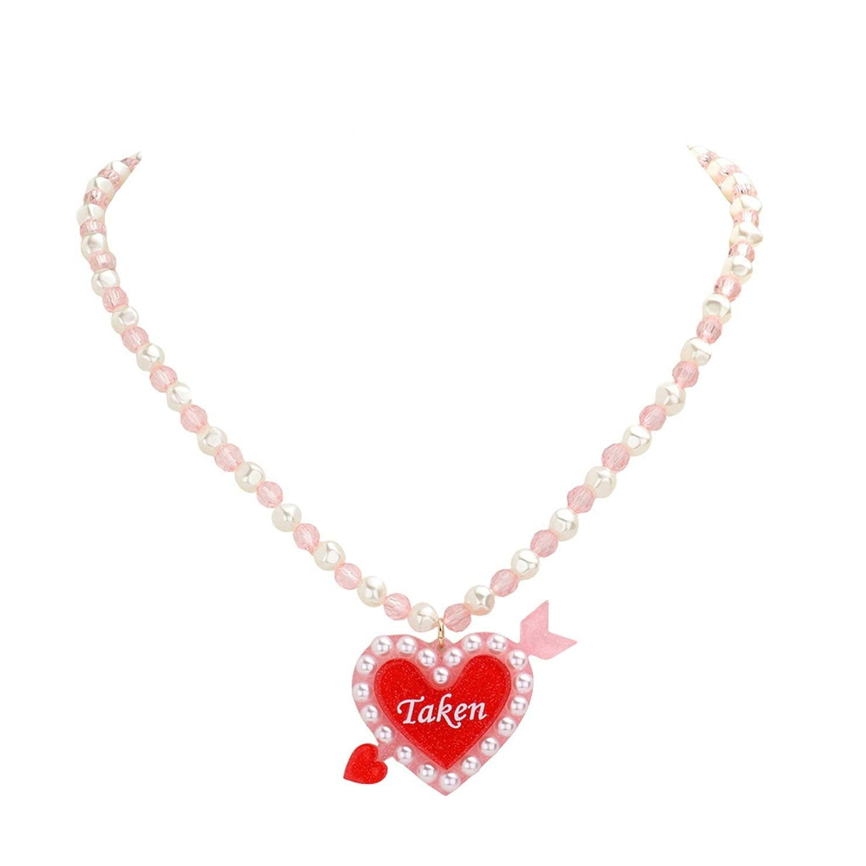 Taken Message Glittered Heart Arrow Pearl Beaded Necklace by Madeline Love