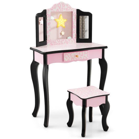 Kid Vanity Set with Tri-Folding Mirror and Leopard Print-Pink