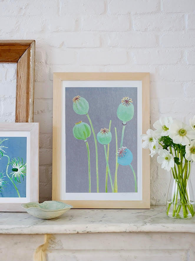 Art Print:  Poppy Pods on Grey by India & Purry