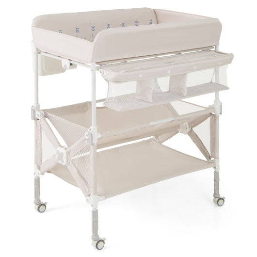 Portable Baby Changing Table with Wheels and Large Storage Rack-Natural