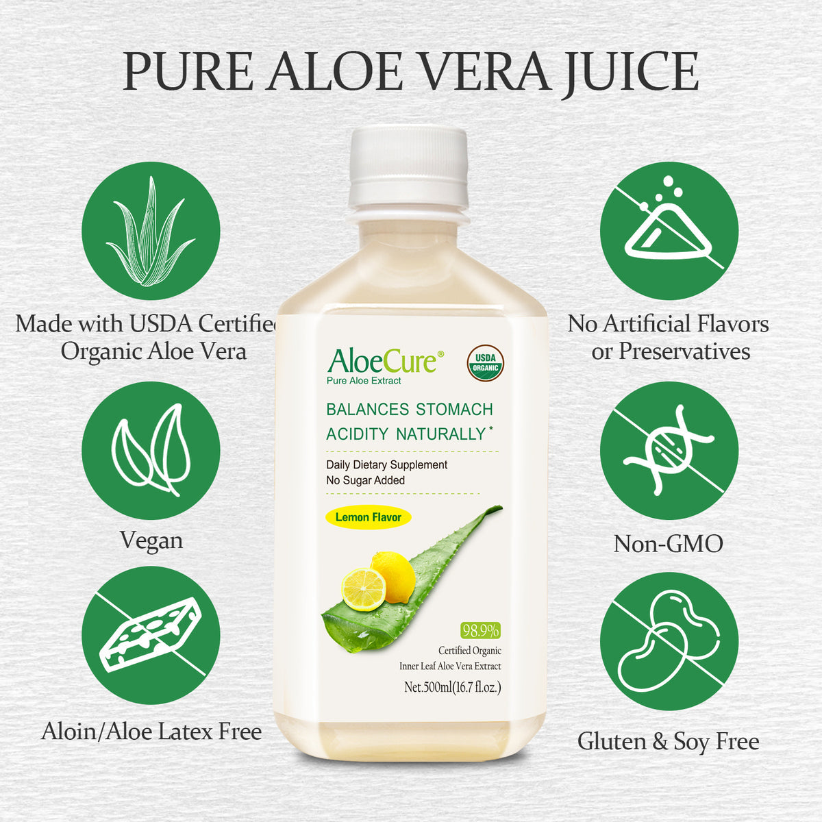 Pure Aloe Vera Juice Lemon Flavor - USDA Certified Organic by AloeCure