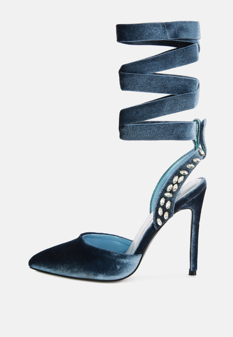 wallis blue velvet diamante stud tie up sandals by London Rag