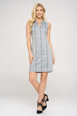 Plaid V neck Sleeveless Dress by Faz