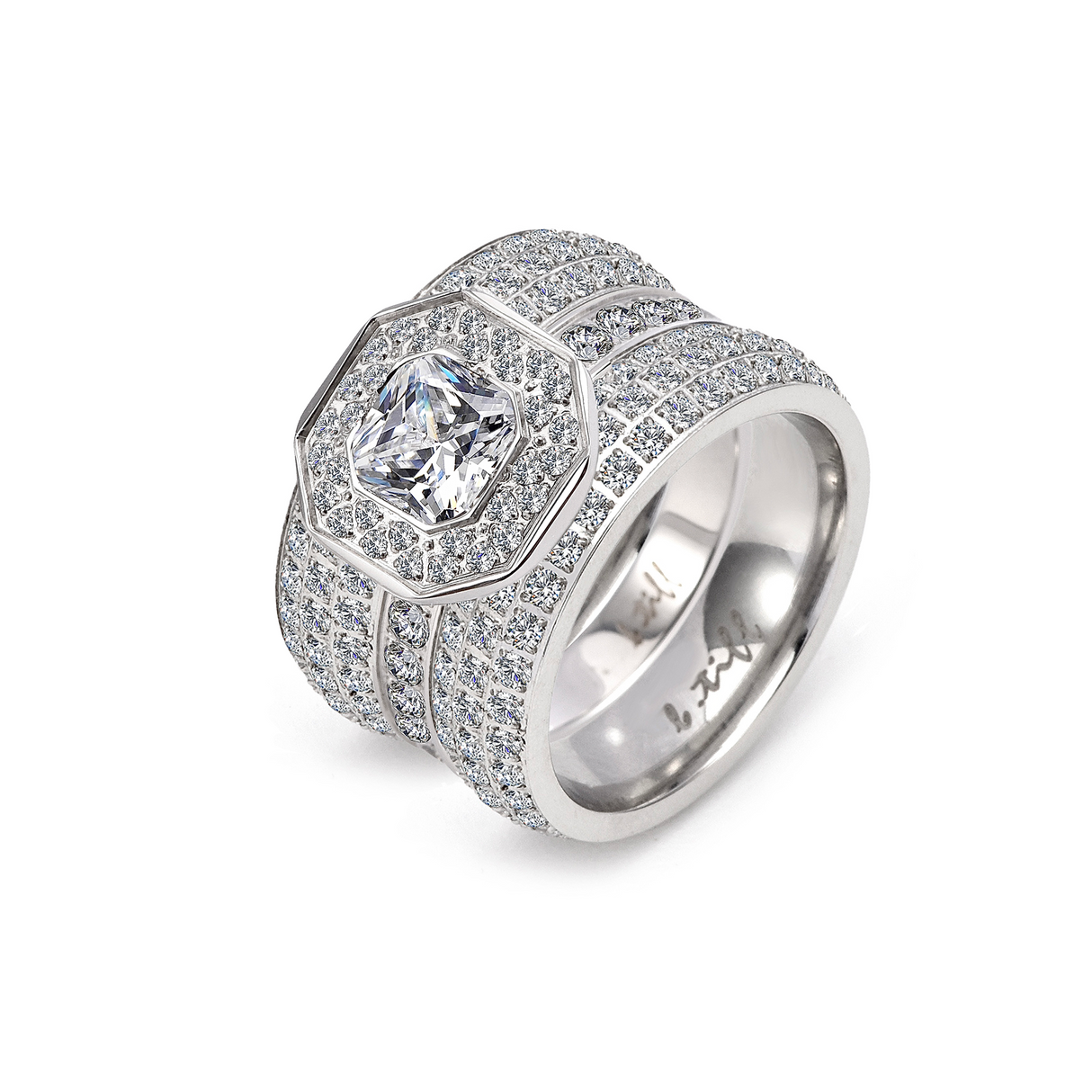 B.Tiff Aŭreolo II 1 ct Cushion Cut Halo Engagement Ring & Three-Row Eternity Band Set by B.Tiff New York