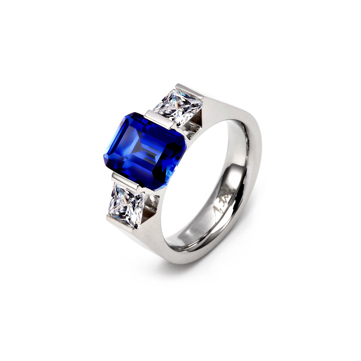 RG208BL B.Tiff 3-Stone 3 ct Blue Emerald Cut Engagement Ring by B.Tiff New York