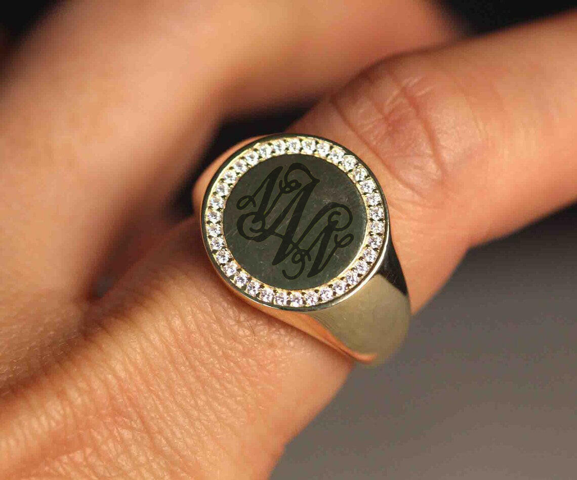 Cubic Zirconia Engraving Signet Ring by VicStoneNYC Fine Jewelry