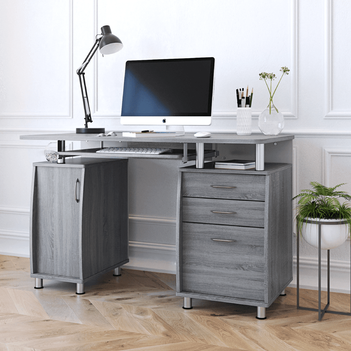 Techni Mobili Complete Workstation Computer Desk with Storage, Grey by Level Up Desks