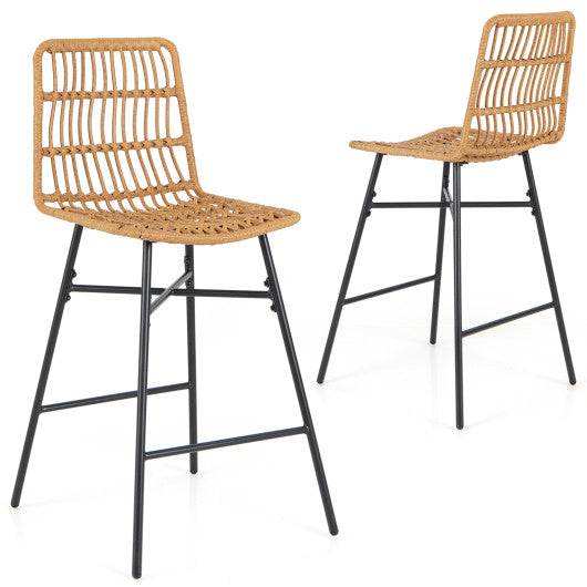 Set of 2 Rattan Bar Stools with Sturdy Metal Frame-Yellow